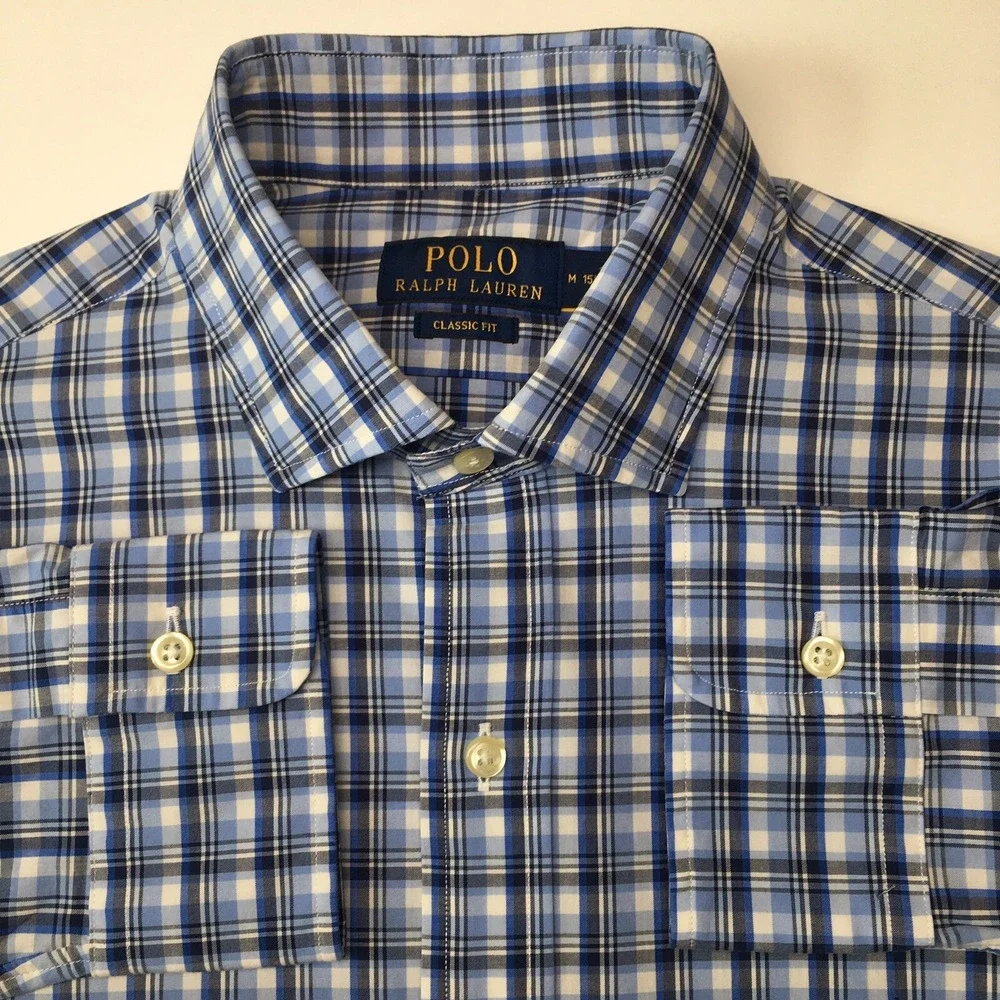 Polo Ralph Lauren Dress Shirt Mens M 15.5 Classic Fit Long Sleeve Plaid Blue